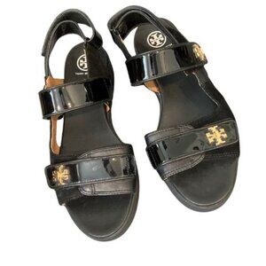 Tory Burch Black Patent Leather Sandals with Gold Tory Burch Logo Detail